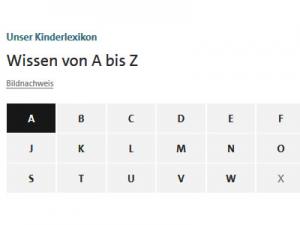 Buchstabenübersicht des Kinderlexikons Wissen von A bis Z als alphabetische Übersicht