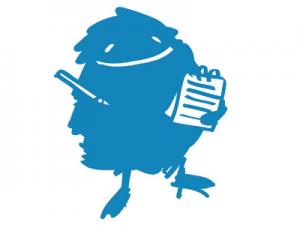 Duda begrüßt dich! Das blaue Zeitungsmonster Duda mit Stift und Notizblock