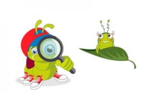 Finn sucht und findet, also: Frag ihn! Raupe Finn von FragFinn mit Lupe vor dem Auge und einem Insektenkumpel