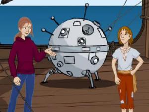 Lucy in der Zeit von Christoph Kolumbus Ein Zeichentrickmädchen unterhält sich auf einem Holzschiff mit einem Jungen